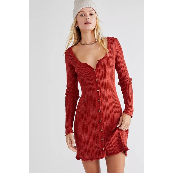 Free People Dresses & Skirts - Free People All The Way Mini Henley Ribbed Dress Burnt Ochre Red XS